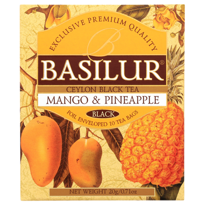 Opakowanie herbaty czarnej Basilur Mango & Pineapple z tropikalnym motywem.