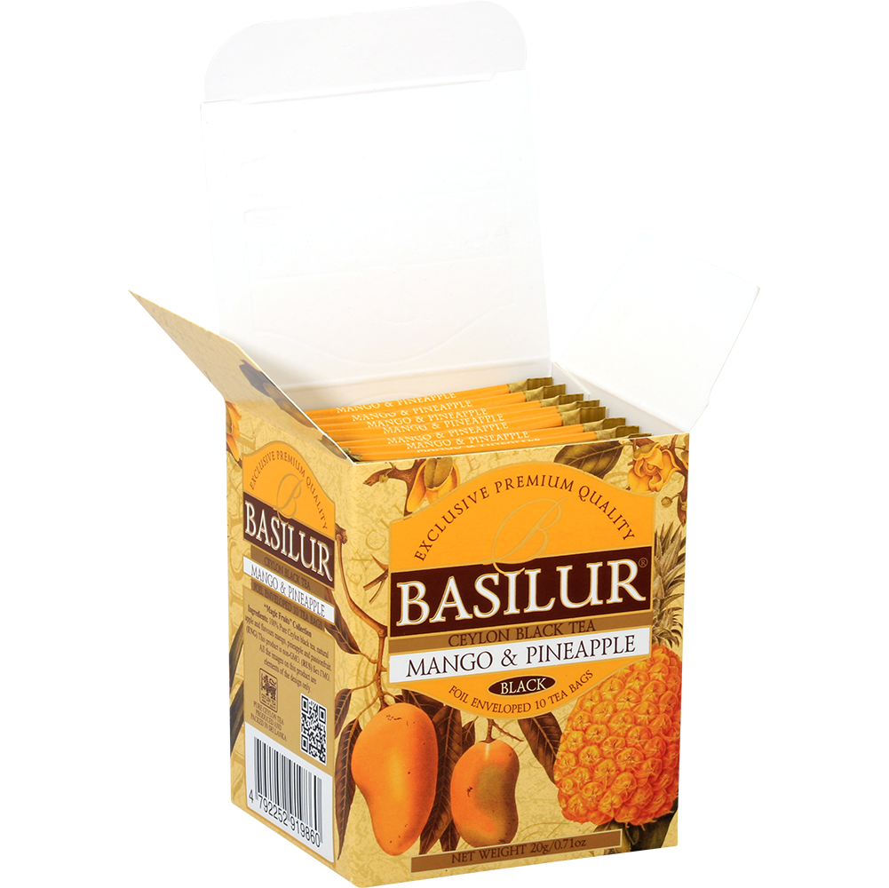 Otwarta paczka herbaty Basilur Mango & Pineapple z widocznymi saszetkami w środku.