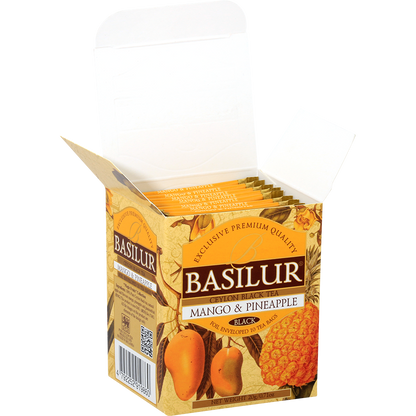Otwarta paczka herbaty Basilur Mango & Pineapple z widocznymi saszetkami w środku.