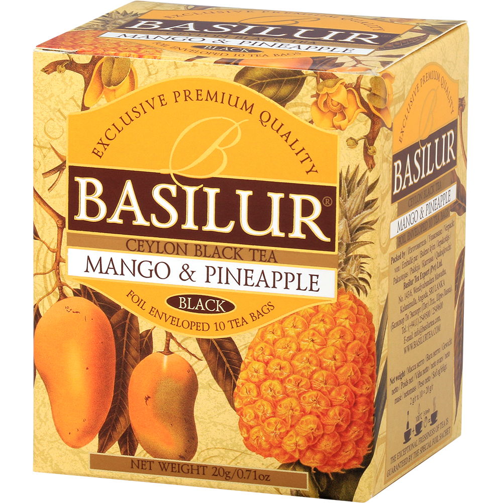 Pudełko herbaty Basilur Mango & Pineapple z grafiką mango i ananasa.