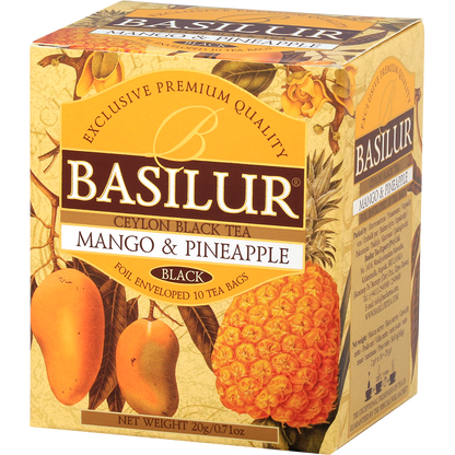 Pudełko herbaty Basilur Mango & Pineapple z grafiką mango i ananasa.