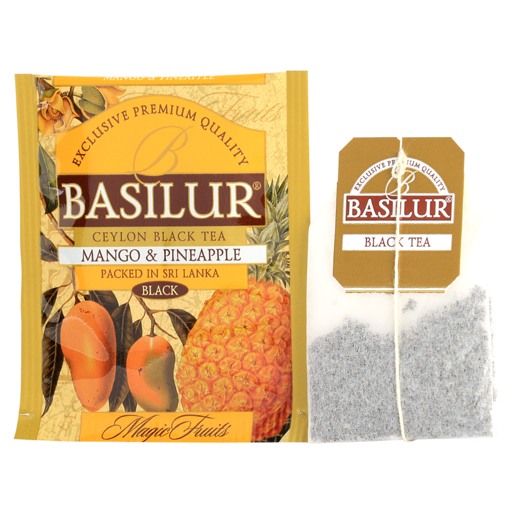 Saszetka herbaty Basilur Mango & Pineapple z torebką herbacianą i etykietą.