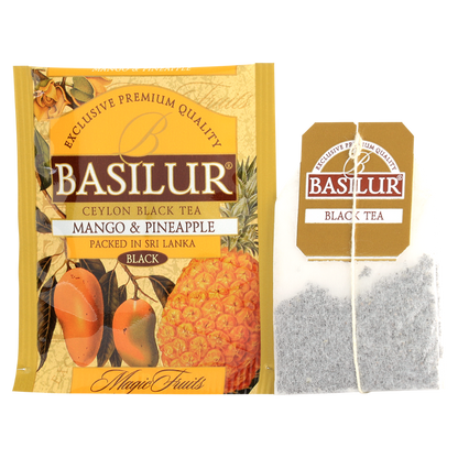 Saszetka herbaty Basilur Mango & Pineapple z torebką herbacianą i etykietą.