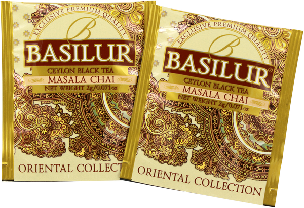 Saszetki herbaty Basilur Masala Chai z orientalnym motywem w kolorach złota i brązu.