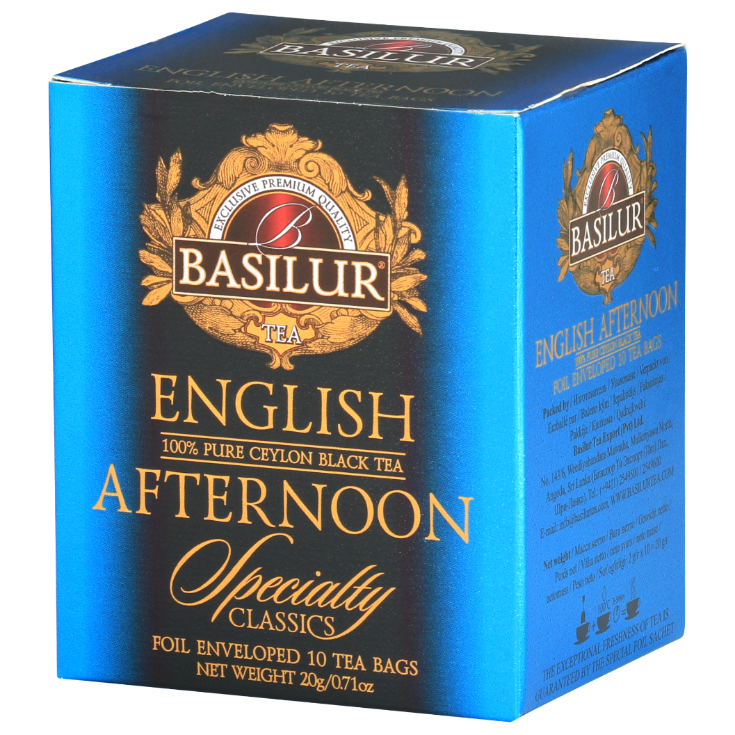 Herbata Basilur English Afternoon w eleganckim niebiesko-czarnym opakowaniu Specialty Classics.