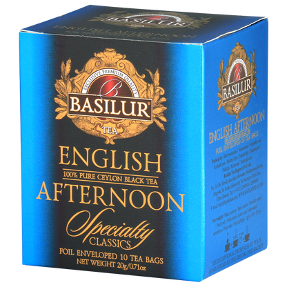Herbata Basilur English Afternoon w eleganckim niebiesko-czarnym opakowaniu Specialty Classics.