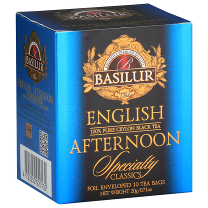 Zbliżenie na opakowanie Basilur English Afternoon 100% Pure Ceylon Black Tea.