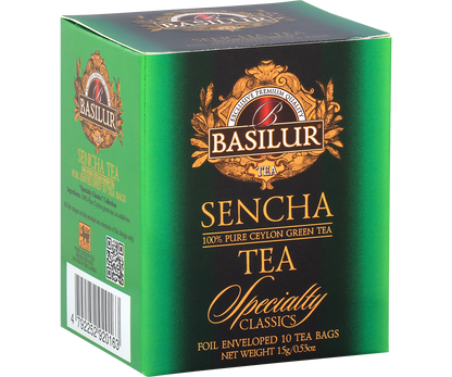 Bok pudełka Basilur Sencha z opisem produktu.