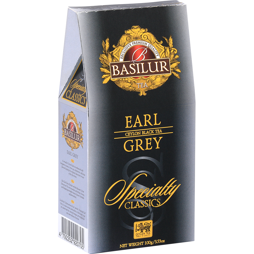 Bok opakowania Basilur Earl Grey z opisem i kodem kreskowym.