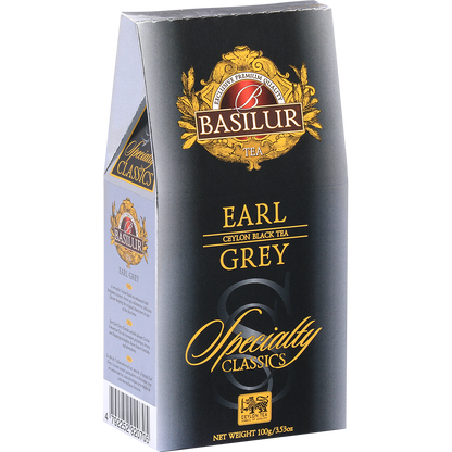 Bok opakowania Basilur Earl Grey z opisem i kodem kreskowym.