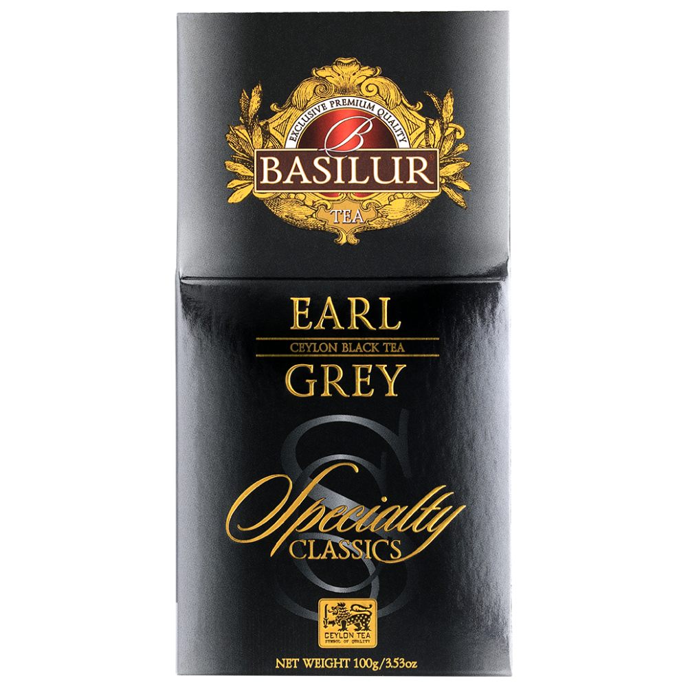 Przód opakowania Basilur Earl Grey z eleganckim złotym logo.