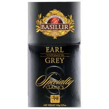 Przód opakowania Basilur Earl Grey z eleganckim złotym logo.