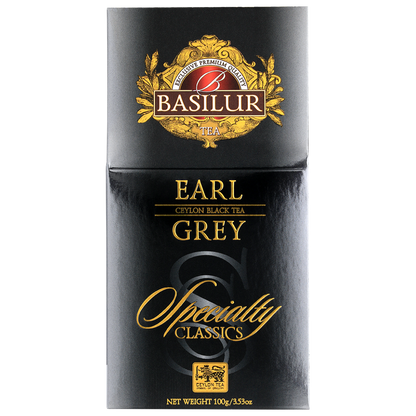 Przód opakowania Basilur Earl Grey z eleganckim złotym logo.