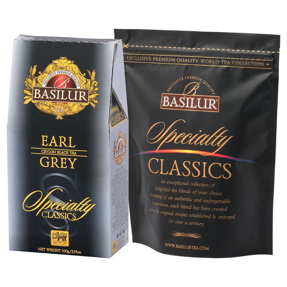 Zestaw Basilur Earl Grey – pudełko i torebka z czarnej herbaty cejlońskiej.