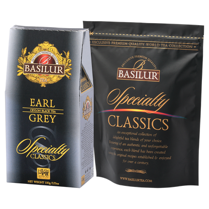 Zestaw Basilur Earl Grey – pudełko i torebka z czarnej herbaty cejlońskiej.