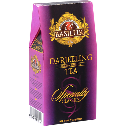 Bok opakowania Basilur Darjeeling z opisem i kodem kreskowym.