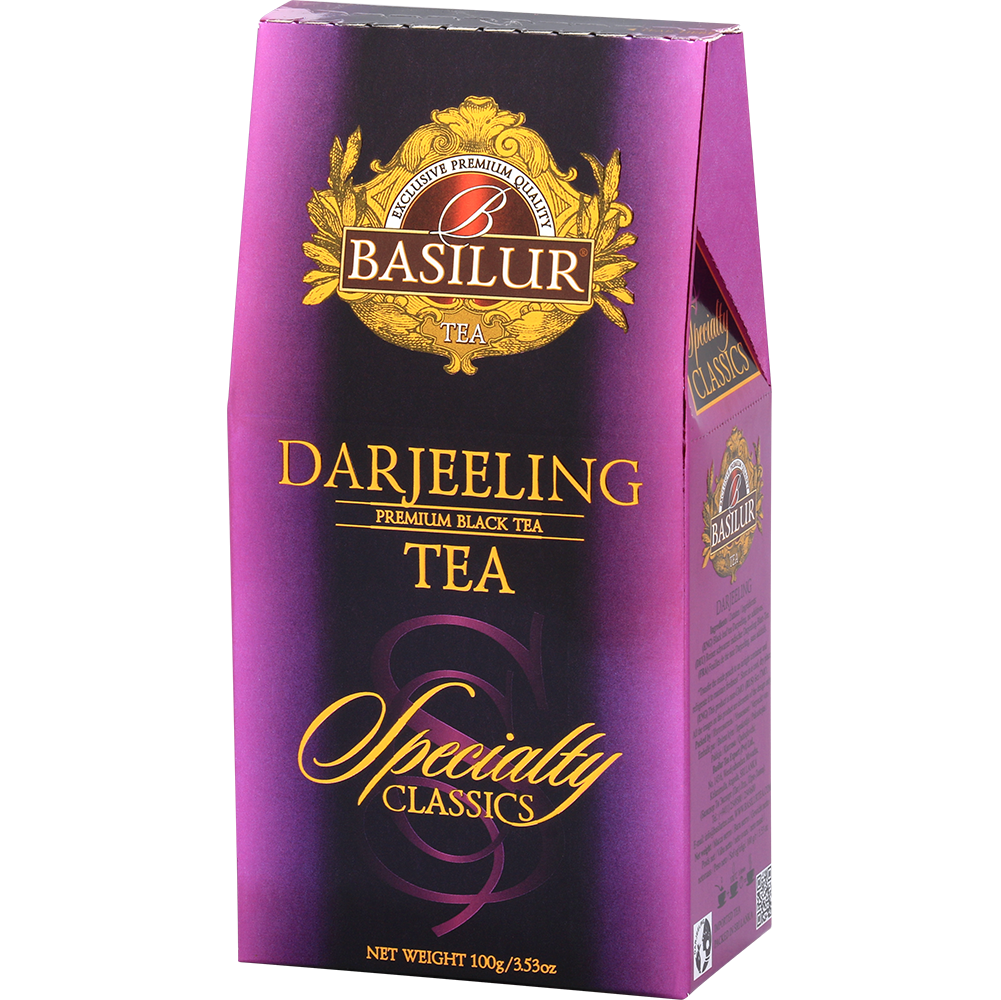 Opakowanie herbaty Basilur Darjeeling z kolekcji Specialty Classics, czarna herbata premium.
