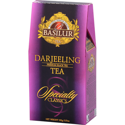 Opakowanie herbaty Basilur Darjeeling z kolekcji Specialty Classics, czarna herbata premium.