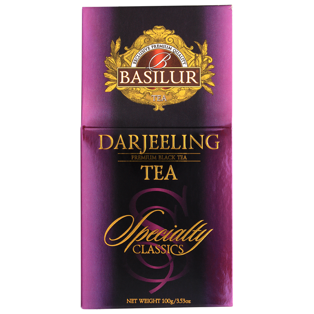 Przód opakowania Basilur Darjeeling w fioletowo-złotej tonacji.