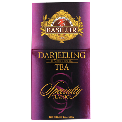 Przód opakowania Basilur Darjeeling w fioletowo-złotej tonacji.