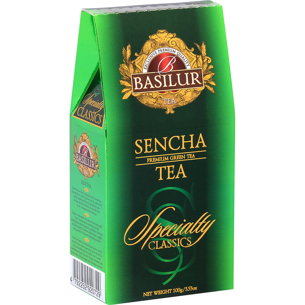 Bok pudełka zielonej herbaty Basilur Sencha z kolekcji Specialty Classics.