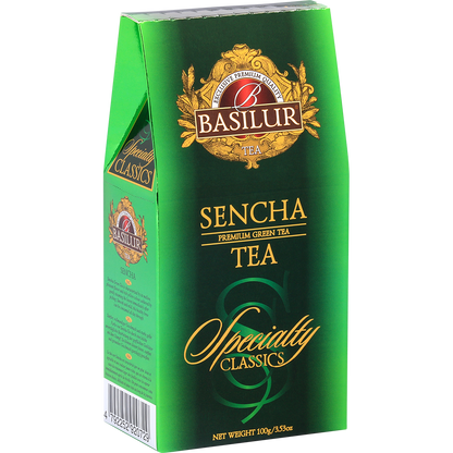 Bok pudełka zielonej herbaty Basilur Sencha z kolekcji Specialty Classics.