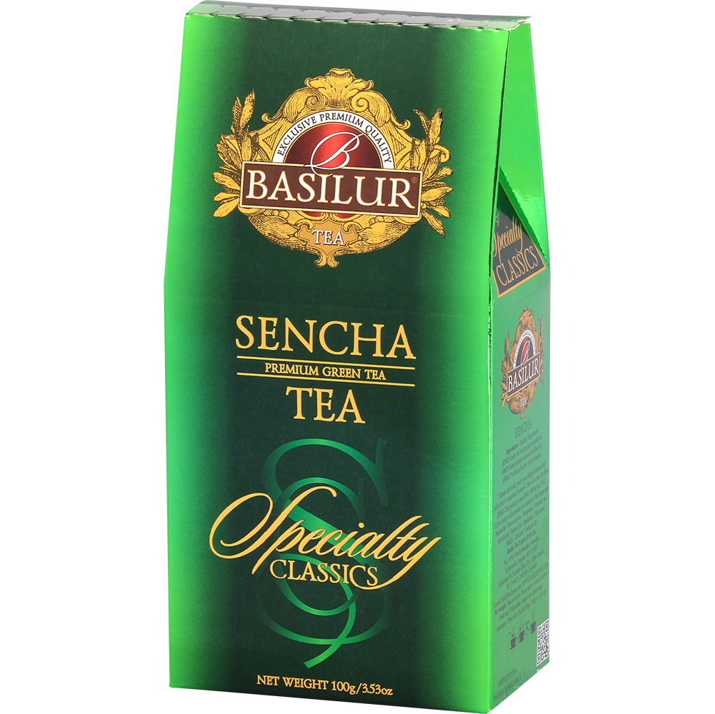 Zielona herbata Basilur Sencha w eleganckim zielonym opakowaniu.