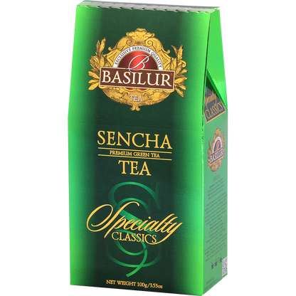 Zielona herbata Basilur Sencha w eleganckim zielonym opakowaniu.