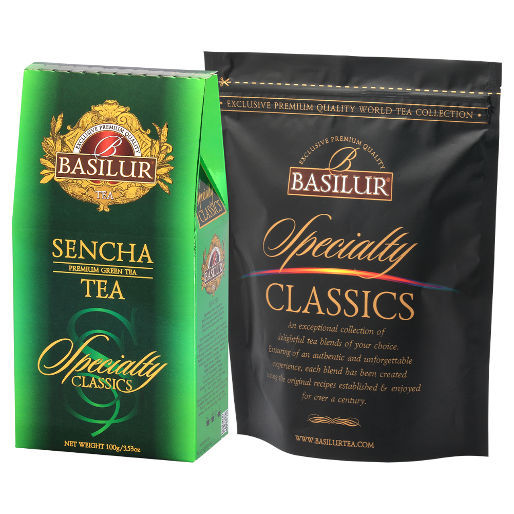 Herbata Basilur Sencha – kartonik i torebka foliowa z kolekcji Specialty Classics.