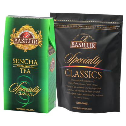 Herbata Basilur Sencha – kartonik i torebka foliowa z kolekcji Specialty Classics.