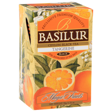 Czarna herbata Basilur Tangerine w ozdobnym pudełku z motywem mandarynki.