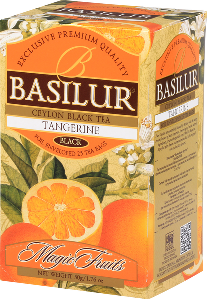 Bok opakowania Basilur Tangerine z ilustracją soczystych owoców.