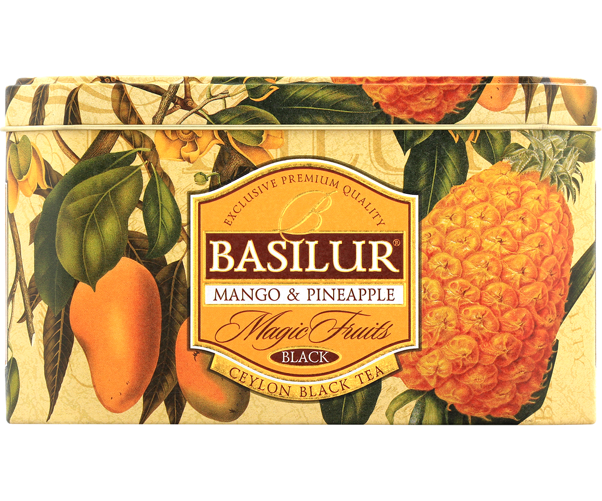 Puszka Basilur Mango & Pineapple – eleganckie opakowanie z motywem owoców mango i ananasa.