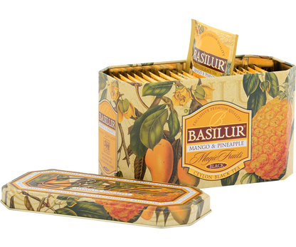 Otwarta puszka Basilur Mango & Pineapple z 20 kopertami herbaty.
