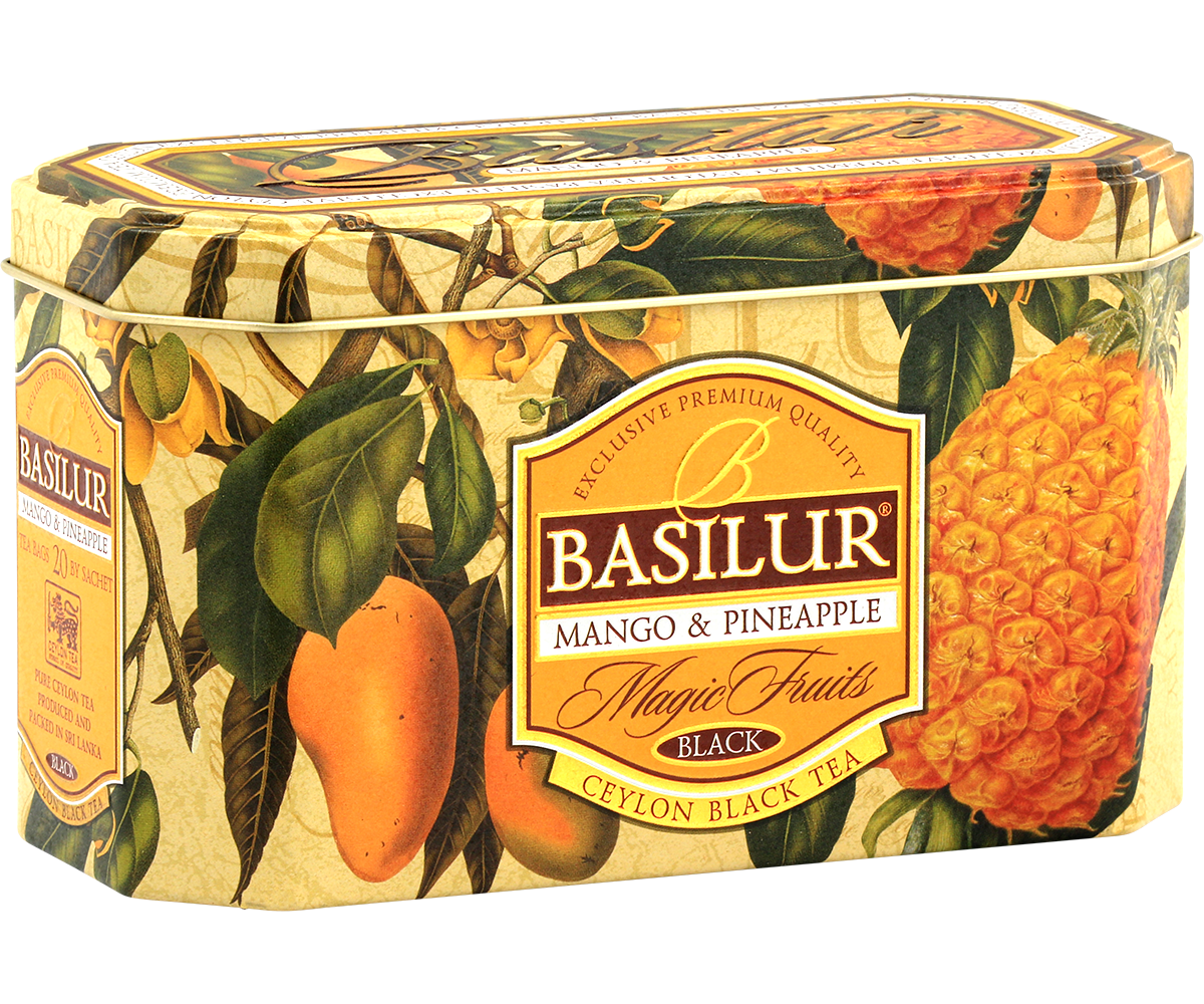 Herbata Basilur Mango & Pineapple – luksusowa czarna herbata w ozdobnej puszce.