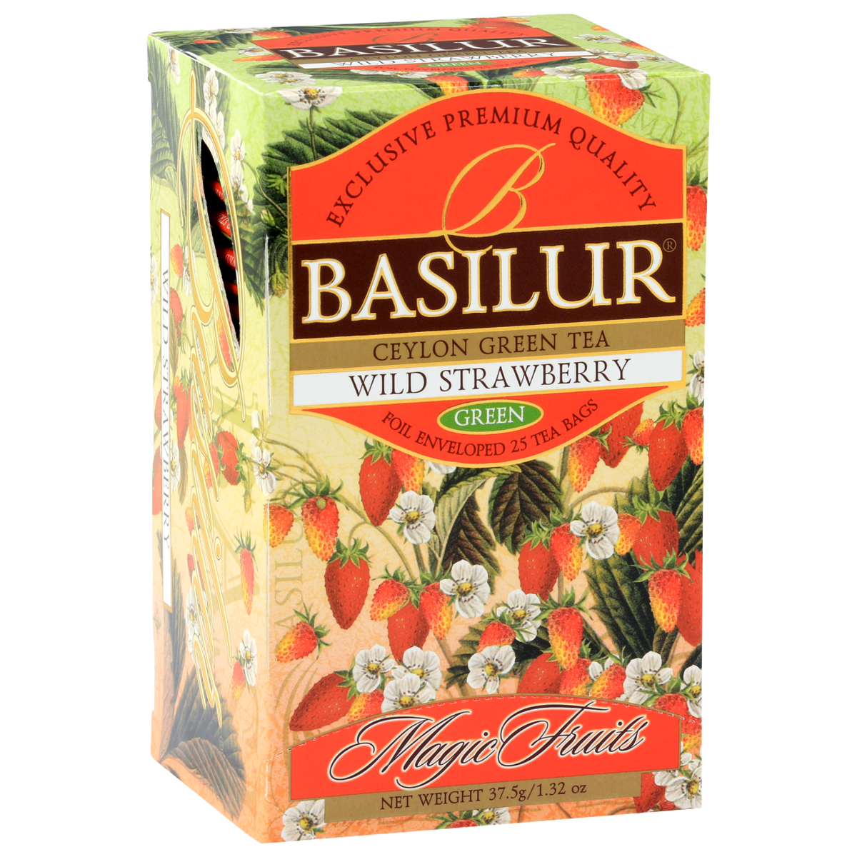 Opakowanie Basilur Wild Strawberry z ilustracjami dzikich truskawek.