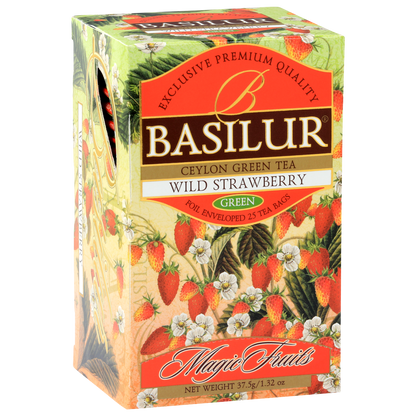 Opakowanie Basilur Wild Strawberry z ilustracjami dzikich truskawek.