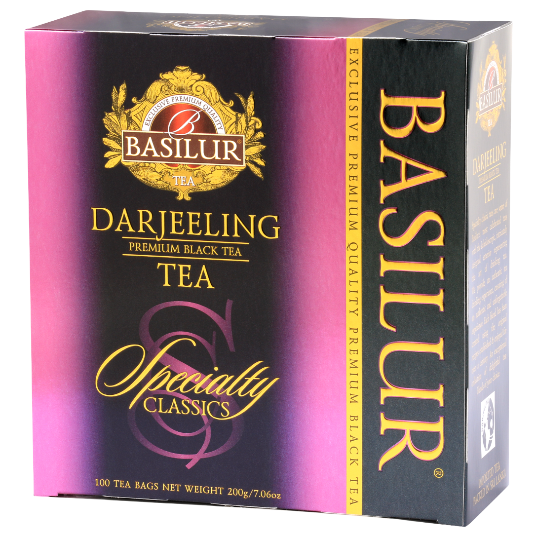 Bok opakowania Basilur Darjeeling – opis i informacje o czarnej herbacie z Indii.