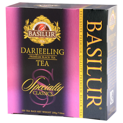 Bok opakowania Basilur Darjeeling – opis i informacje o czarnej herbacie z Indii.
