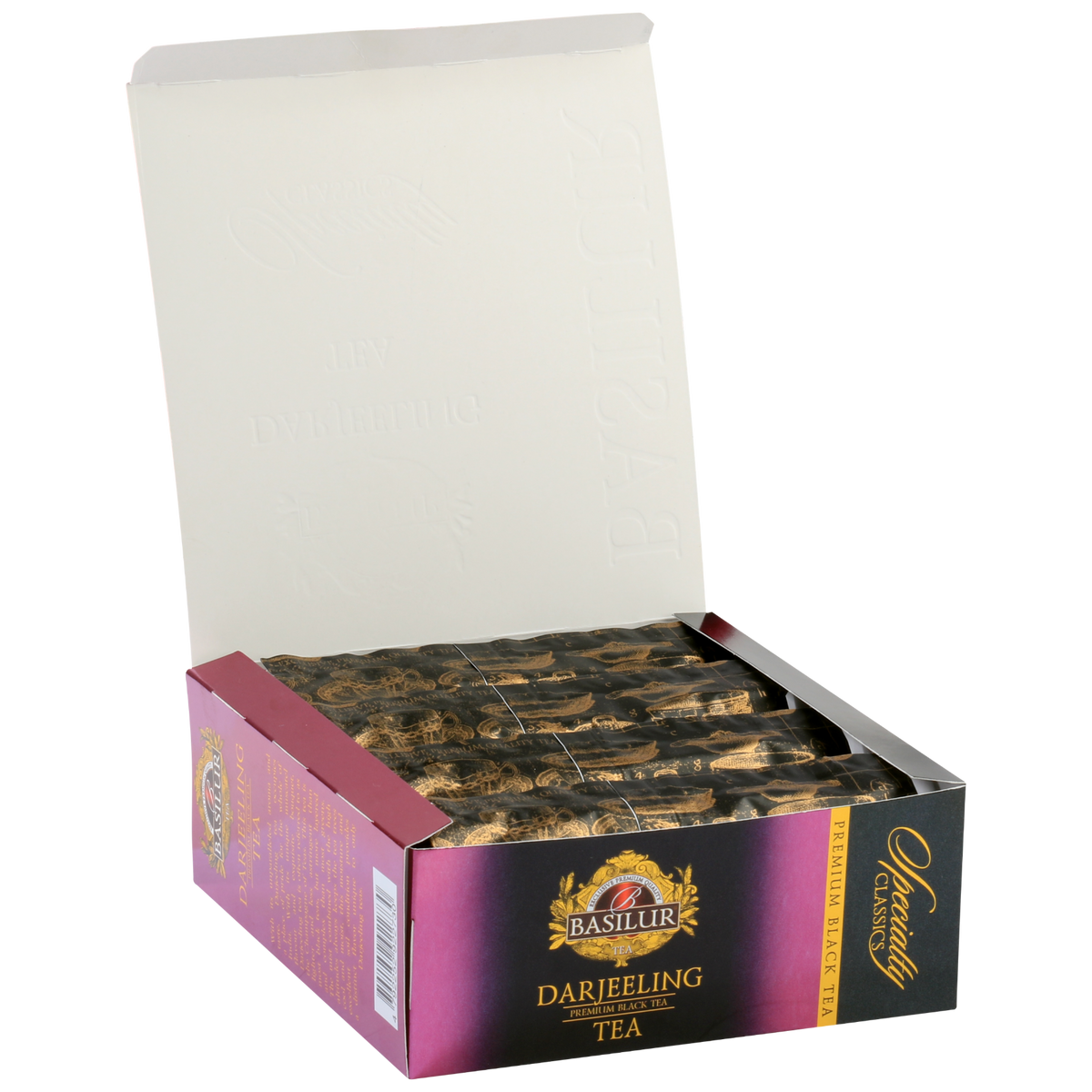 Otwarte pudełko Basilur Darjeeling – elegancko zapakowane torebki herbaty czarnej.
