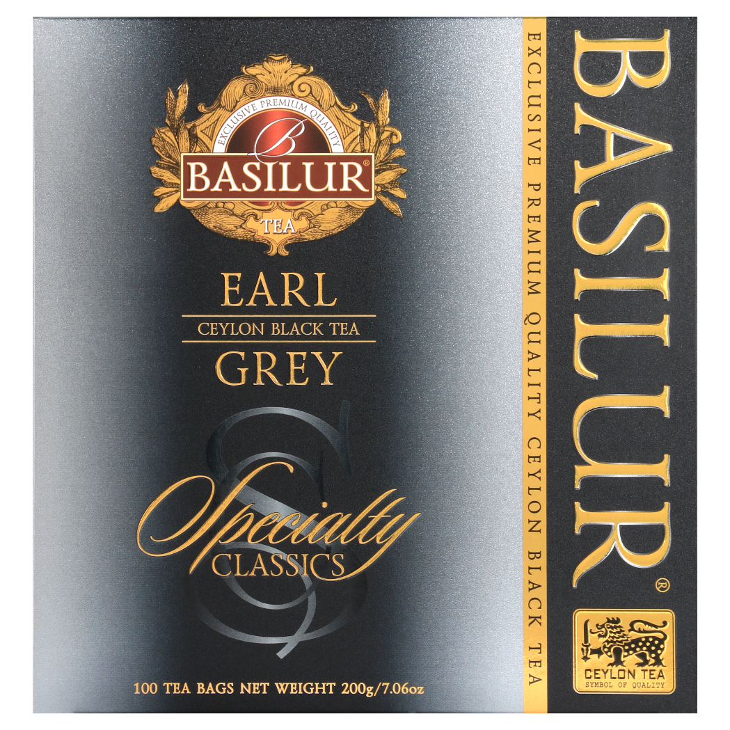 Herbata Basilur Earl Grey – pudełko z kolekcji Specialty Classics w odcieniach srebra i czerni.