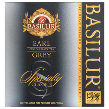 Herbata Basilur Earl Grey – pudełko z kolekcji Specialty Classics w odcieniach srebra i czerni.