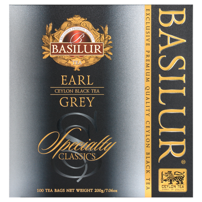Herbata Basilur Earl Grey – pudełko z kolekcji Specialty Classics w odcieniach srebra i czerni.