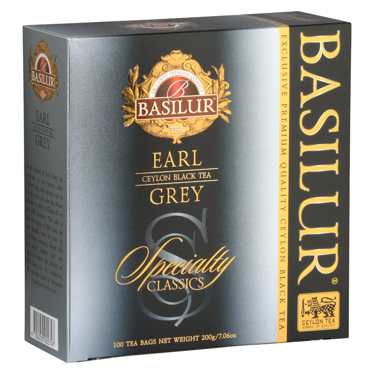 Przód opakowania Basilur Earl Grey – 100 torebek czarnej herbaty z aromatem bergamotki.