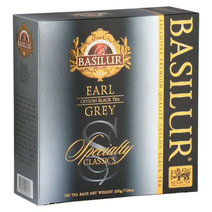 Przód opakowania Basilur Earl Grey – 100 torebek czarnej herbaty z aromatem bergamotki.