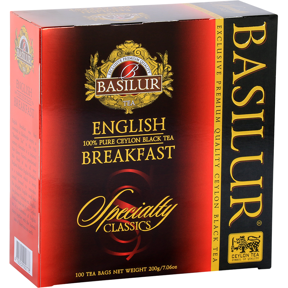 Herbata Basilur English Breakfast – eleganckie opakowanie w odcieniach czerwieni i czerni.