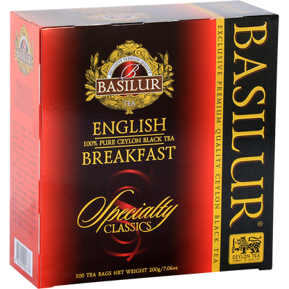 Herbata Basilur English Breakfast – eleganckie opakowanie w odcieniach czerwieni i czerni.