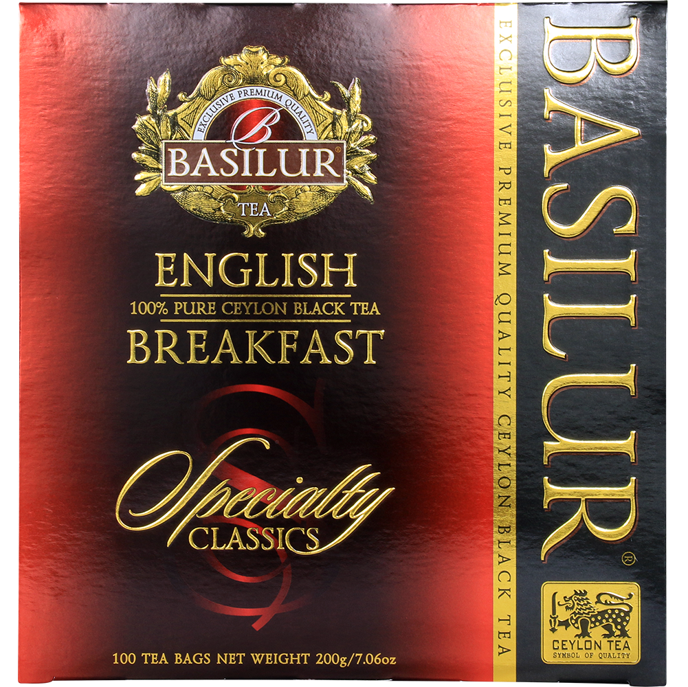 Przód opakowania Basilur English Breakfast – klasyczny design i logo Basilur Tea.