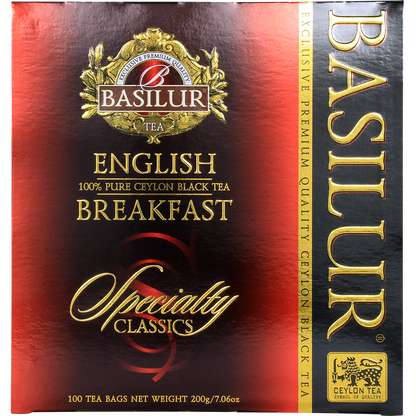 Przód opakowania Basilur English Breakfast – klasyczny design i logo Basilur Tea.