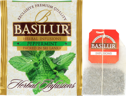 Herbata Basilur Peppermint w kopertach.